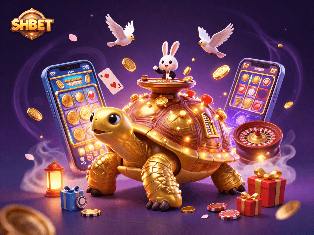 Experience exciting gameplay with SHBET's vibrant casino scene featuring a golden tortoise and dynamic elements.