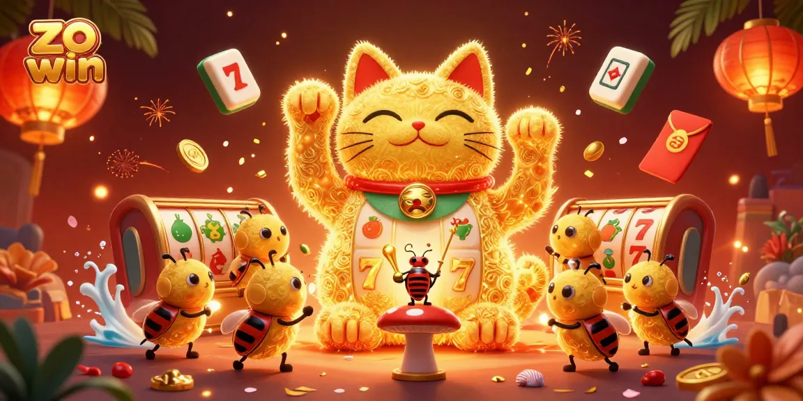 Engage in the zo win experience with vibrant slot reels and a glowing lucky cat illustration.
