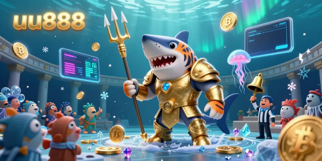 Witness an exhilarating undersea battle in a luxurious colosseum at uu888, featuring a golden-armored shark and vibrant cryptocurrencies.