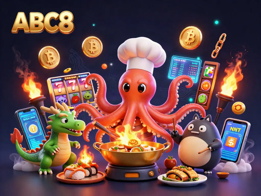 ABC8 offers a vibrant gaming experience with a sushi chef octopus, a dragon, and a tanuki in a bustling casino scene.