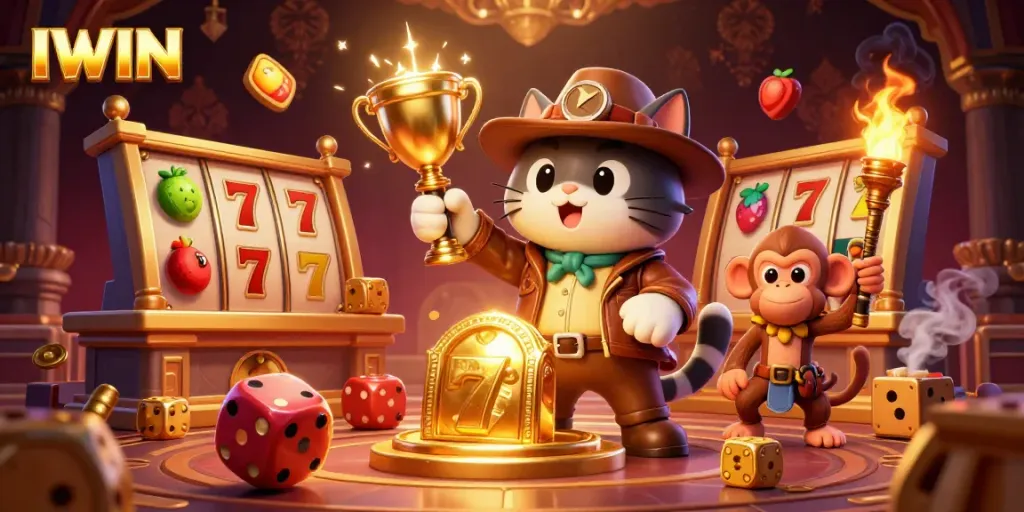 IWIN slots action illustration showcasing an explorer cat and monkey discovering casino treasures with vibrant elements.