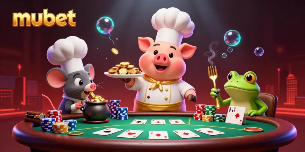 Chef pig serves gold coins in a dynamic mubet casino scene with poker elements and lively characters.