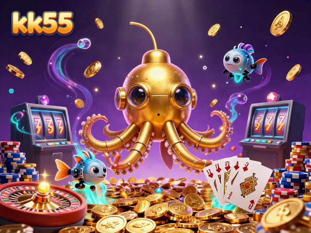 Engage with the excitement of kk55 as a golden kraken submarine unveils treasures of cascading coins and vibrant casino elements.