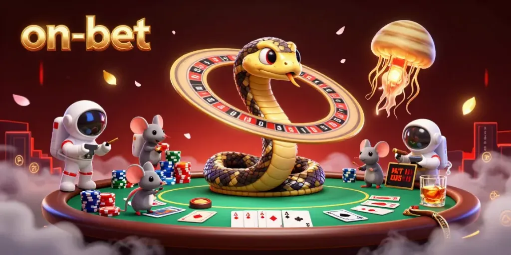 Engaging "on-bet" themed visual of a playful space casino scene featuring a Saturn snake and astronaut mice betting.