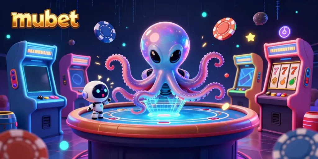 Experience mubet's vibrant casino atmosphere with a playful alien octopus at a poker table.