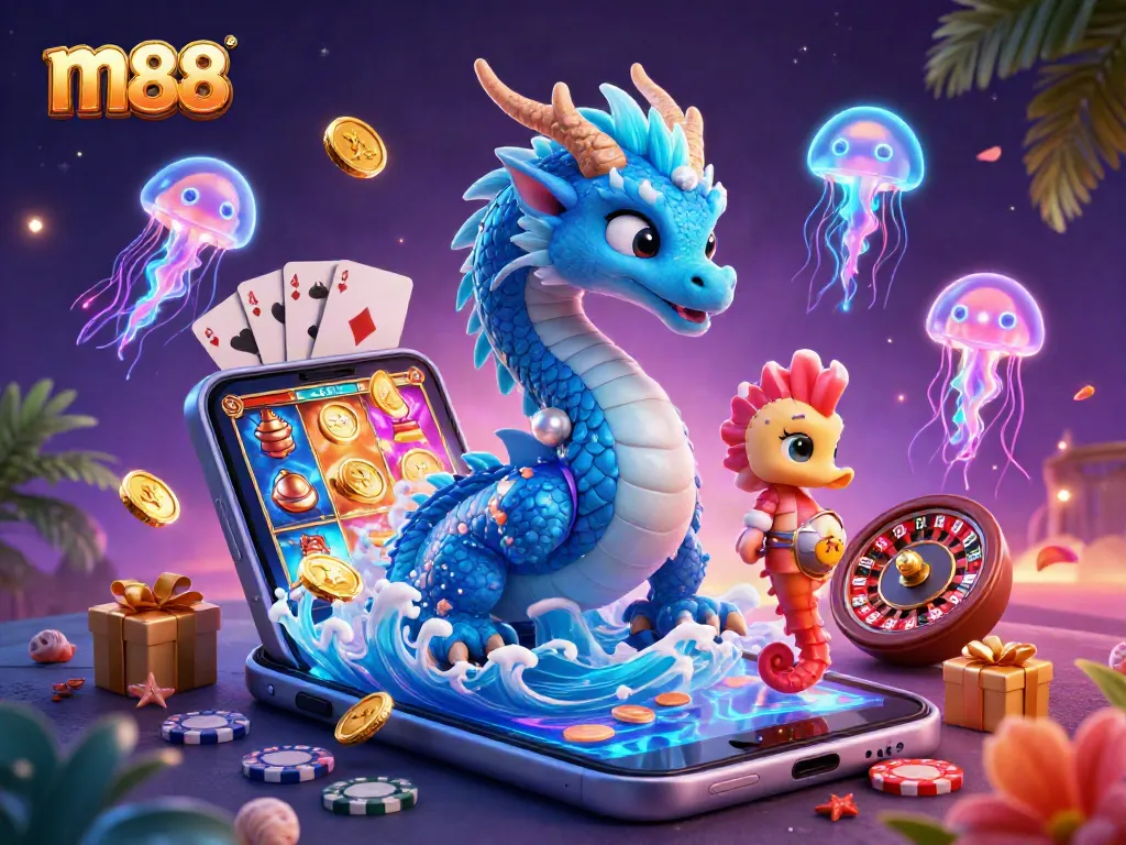Engage with the vibrant m88 casino scene featuring an azure dragon, seahorse knight, and dynamic gaming elements.