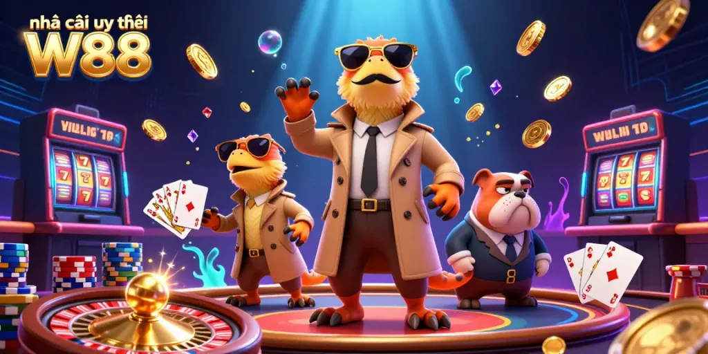 Experience rush and excitement at Nhà cái uy tín W88 in a vibrant casino scene with unique characters and action.