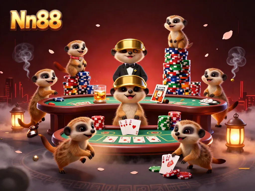 Watch meerkats manage a vibrant casino scene in a dynamic Nn88 illustration.
