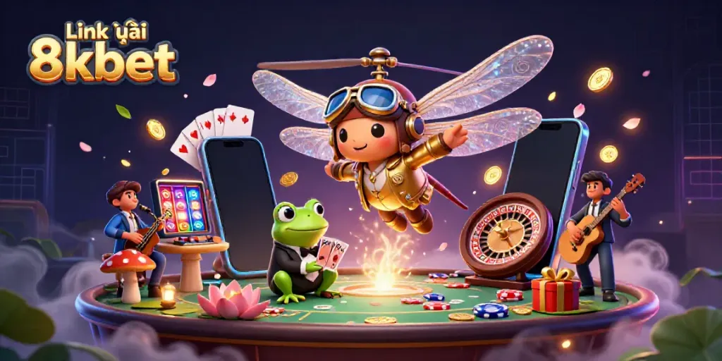 Experience exciting gaming options with Link vào 8kbet as cartoon characters engage in a lively casino scene.