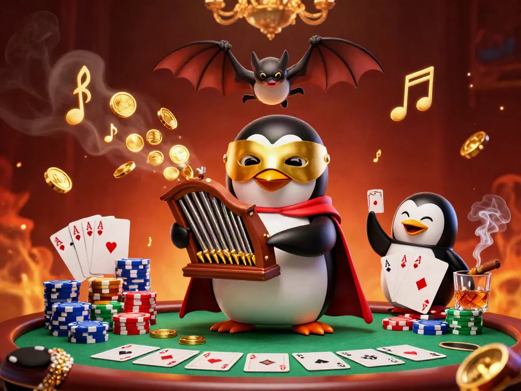 LLWIN's engaging casino scene with a penguin playing music, showcasing poker elements and dynamic gaming excitement.
