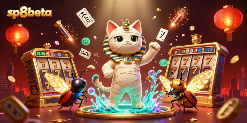 Experience sp8beta's unique gaming adventure, with an Egyptian mummy cat, in a vibrant casino scene.