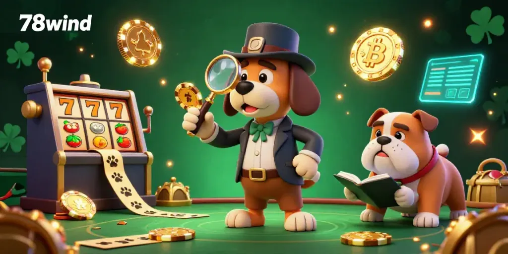 Experience casino excitement with 78wind as a cartoon detective investigates golden poker chips and clues.