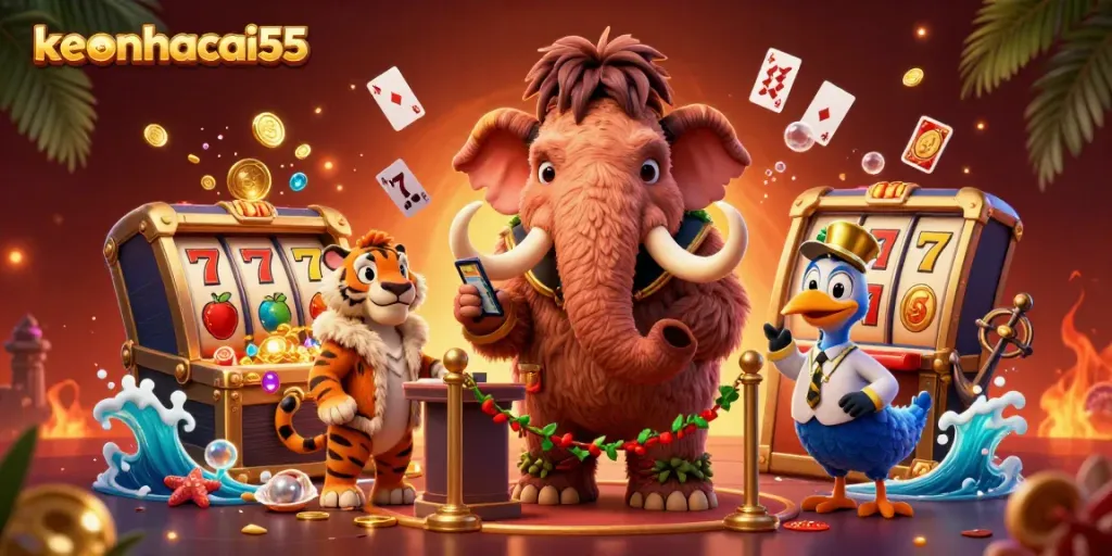 Experience thrilling action at keonhacai55 with a dynamic scene featuring unique casino-themed characters and elements.