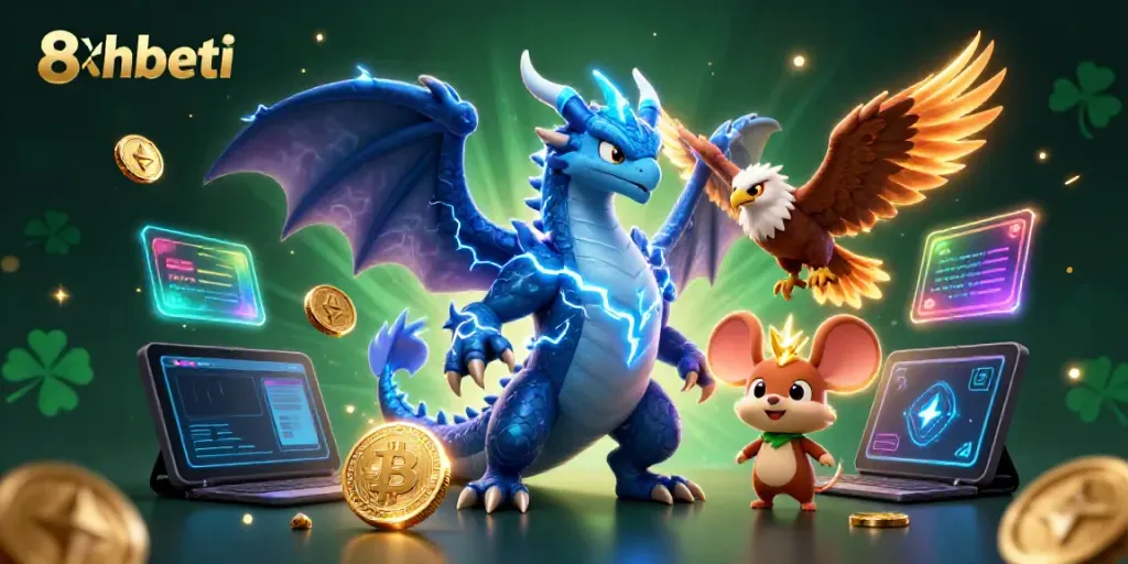 Experience thrilling gaming with 8xbeti's vibrant illustration of a cartoon thunder dragon and digital currencies.