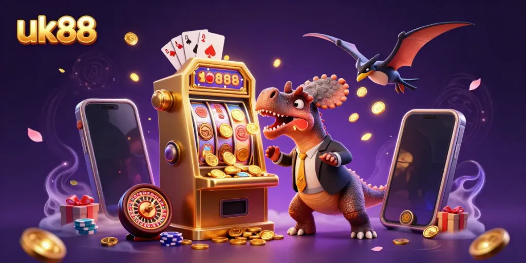 Experience exciting gameplay at uk88 with a cartoon dino winning jackpot coins from a golden slot machine.