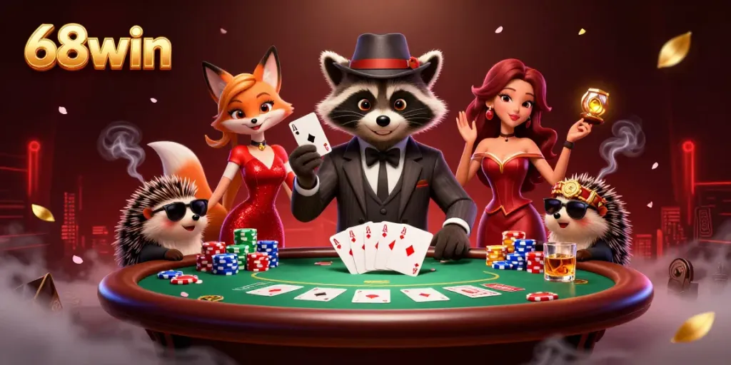 Engage in thrilling poker action at 68win with a suave raccoon, stylish fox companion, and hedgehog bouncer.