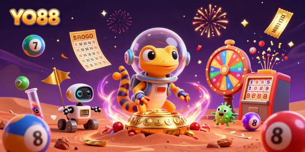 Engage with YO88's vibrant casino adventure featuring lottery excitement and cheerful alien companions.