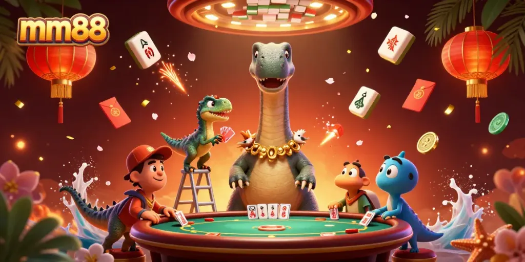 Engage in exciting gameplay at mm88 with a vivid casino scene featuring giant characters and dynamic elements.