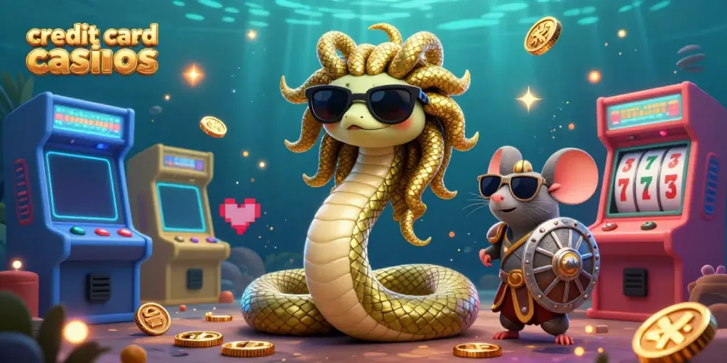 Experience the magic of credit card casinos with a whimsical scene featuring Medusa and gaming elements.