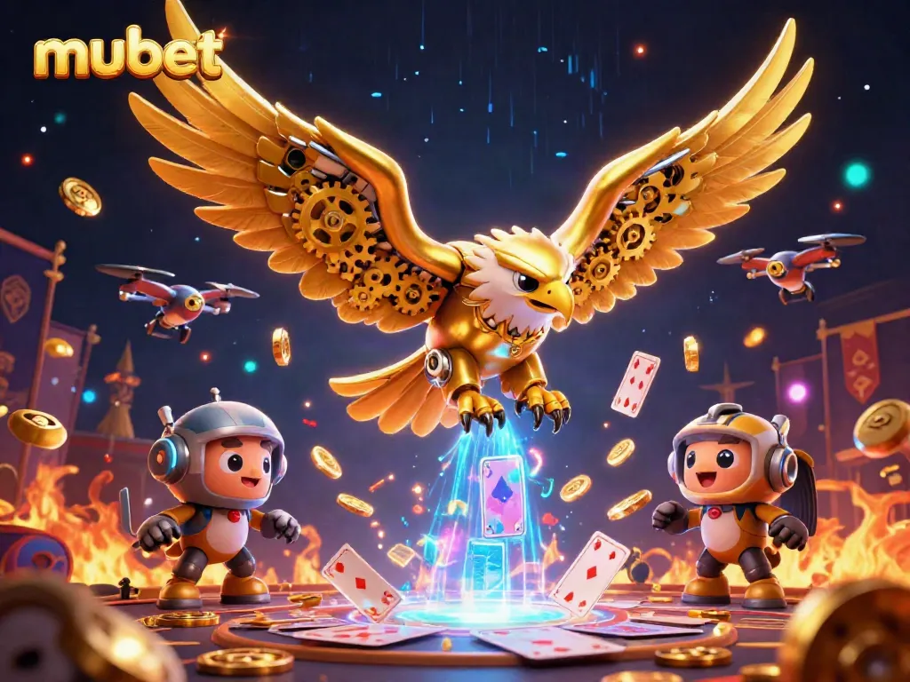Experience the thrill of mubet with a golden eagle in a vibrant 3D casino scene.