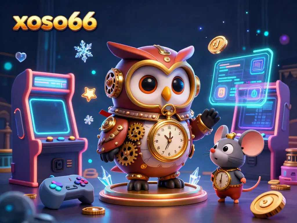 Experience thrilling gameplay with xoso66's 3D casino illustration featuring a time-traveling owl and vibrant game elements.