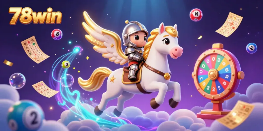 78win ignites excitement with a dynamic 3D scene featuring a celestial horse and armored knight amid colorful lottery elements.