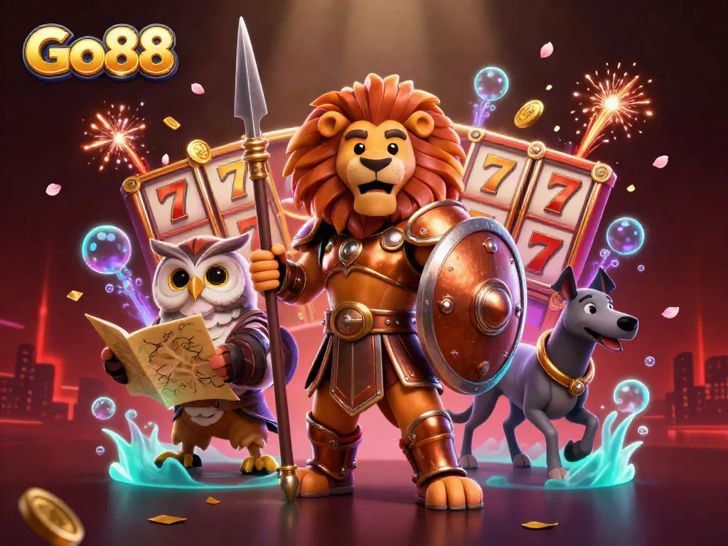 Experience Go88's thrill of slots with a Spartan lion, an owl strategist, and a greyhound in action.
