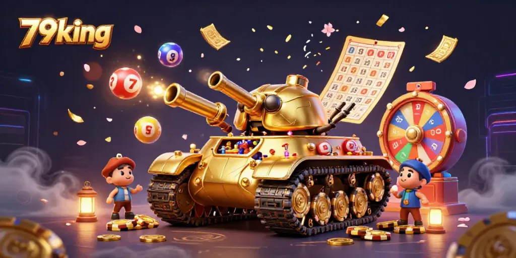 Experience the vibrant gaming world of 79king with a massive golden beetle tank miniature casino, colorful lottery balls, and engaging gambling elements.