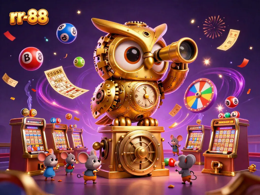 Experience excitement at rr-88 while engaging with animated golden owl and energetic gaming atmosphere.