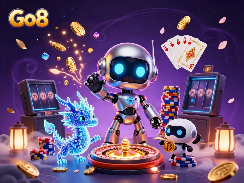 Engage with Go8's vibrant casino universe featuring a cyberpunk mascot surrounded by golden coins and cards.
