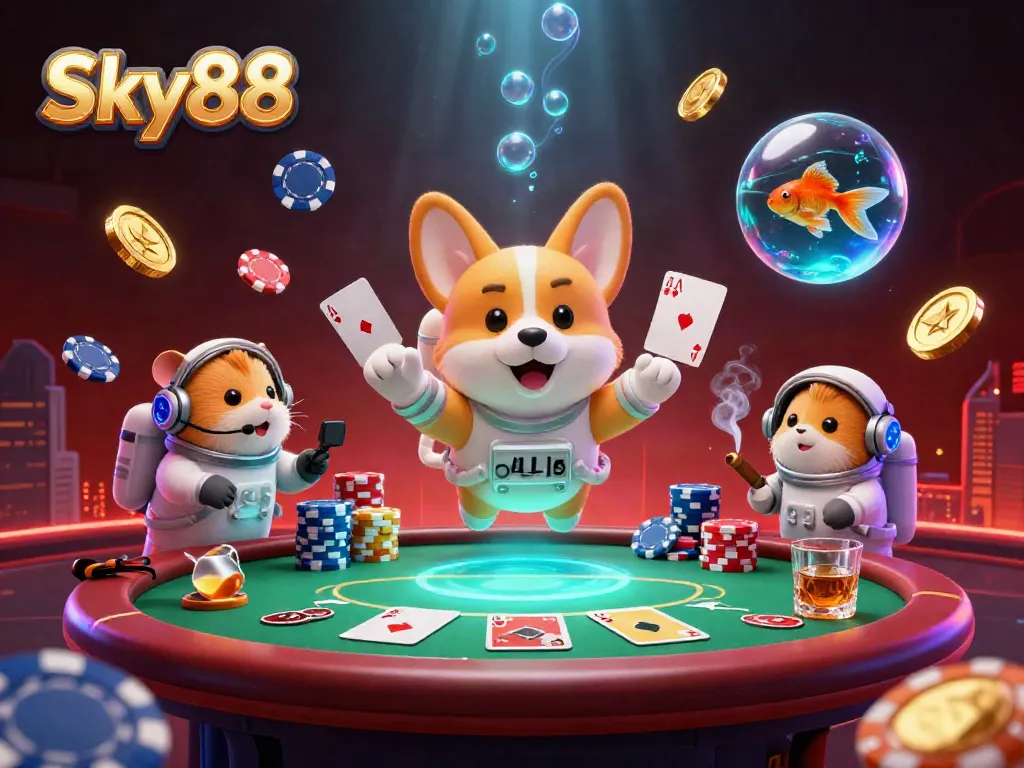 Sky88 casino features a floating astronaut corgi, engaging in vibrant gambling action amidst dazzling elements.