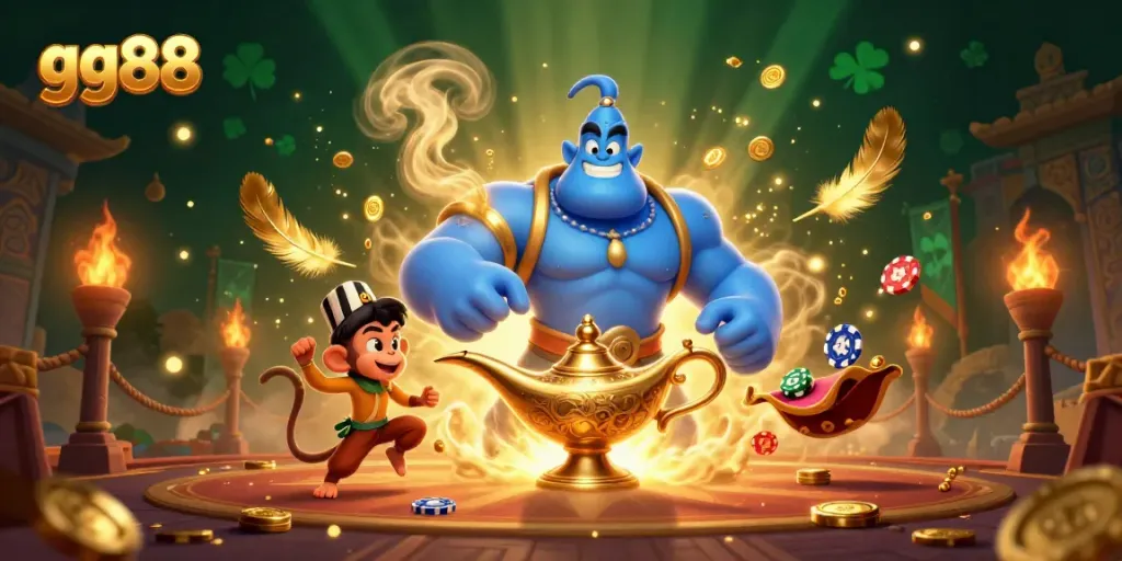 Experience thrilling gaming at gg88 with a genie, Aladdin-style monkey, and poker elements in a vibrant casino scene.
