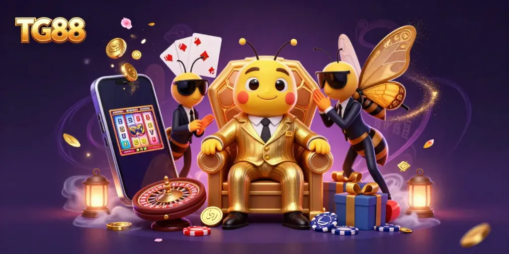 Engage with TG88, the vibrant online casino, showcasing exciting slot games and vivid characters.