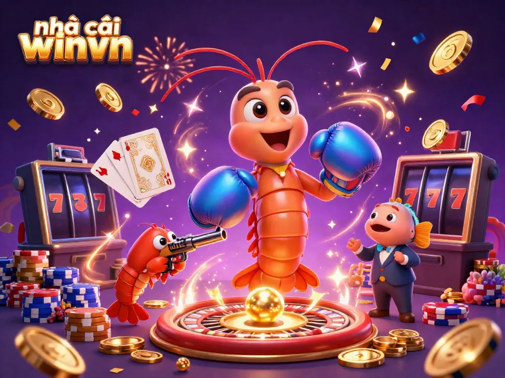 Experience excitement at nhà cái winvn with vibrant 3D characters and casino elements in a festive illustration.