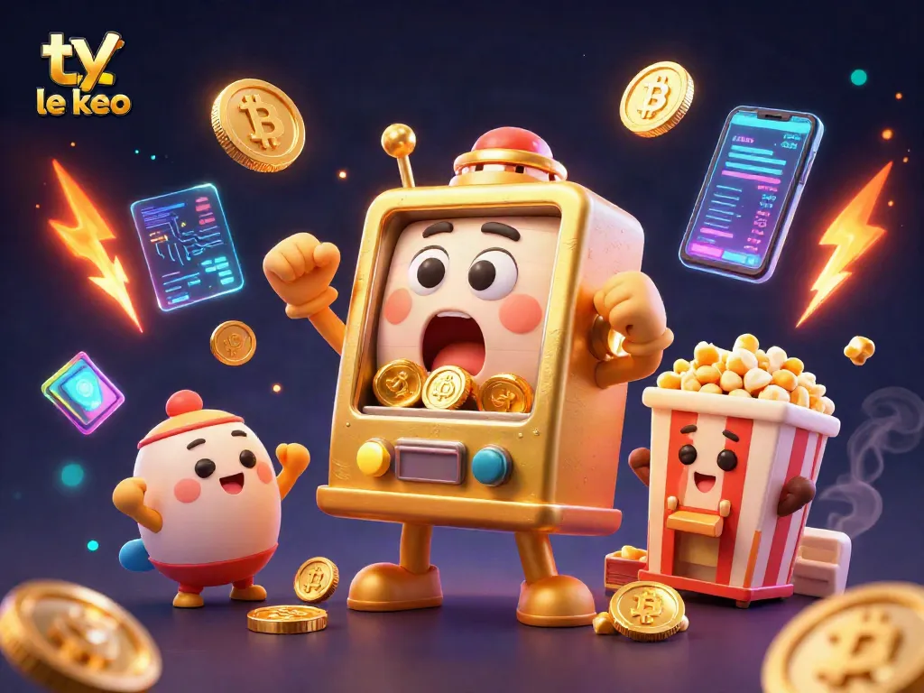 Engage in thrilling ty le keo betting as a golden slot machine hits a jackpot amidst glowing coins and casino excitement.