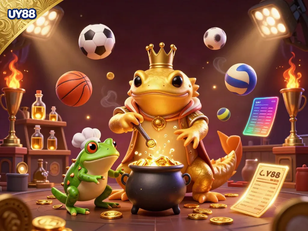 Experience UY88's thrilling online casino features through a dynamic 3D scene of gaming excitement and magic.