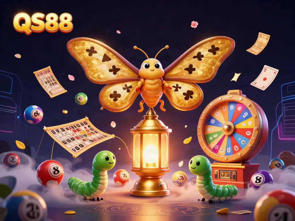 Participate in the vibrant gaming atmosphere of QS88 with our engaging illustrated scene featuring a mystical atlas moth and lottery elements.