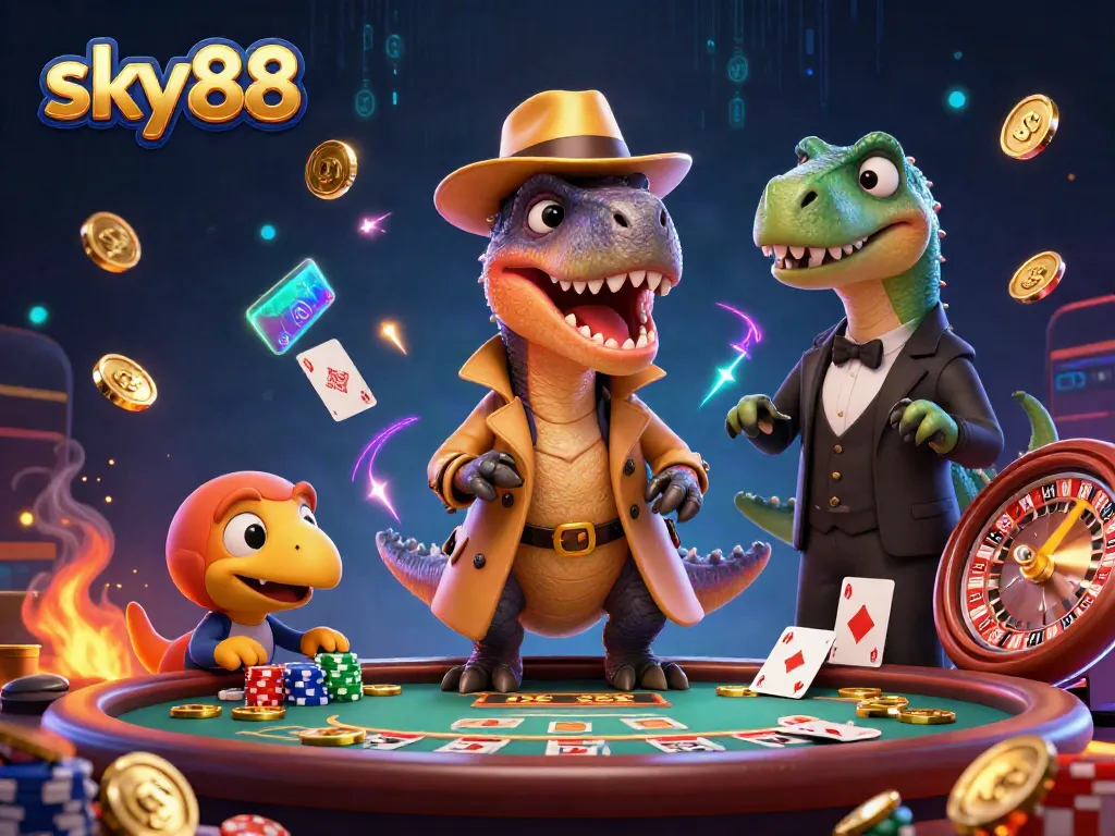 Experience the thrill at sky88 with a velociraptor card counter in a bustling casino scene.