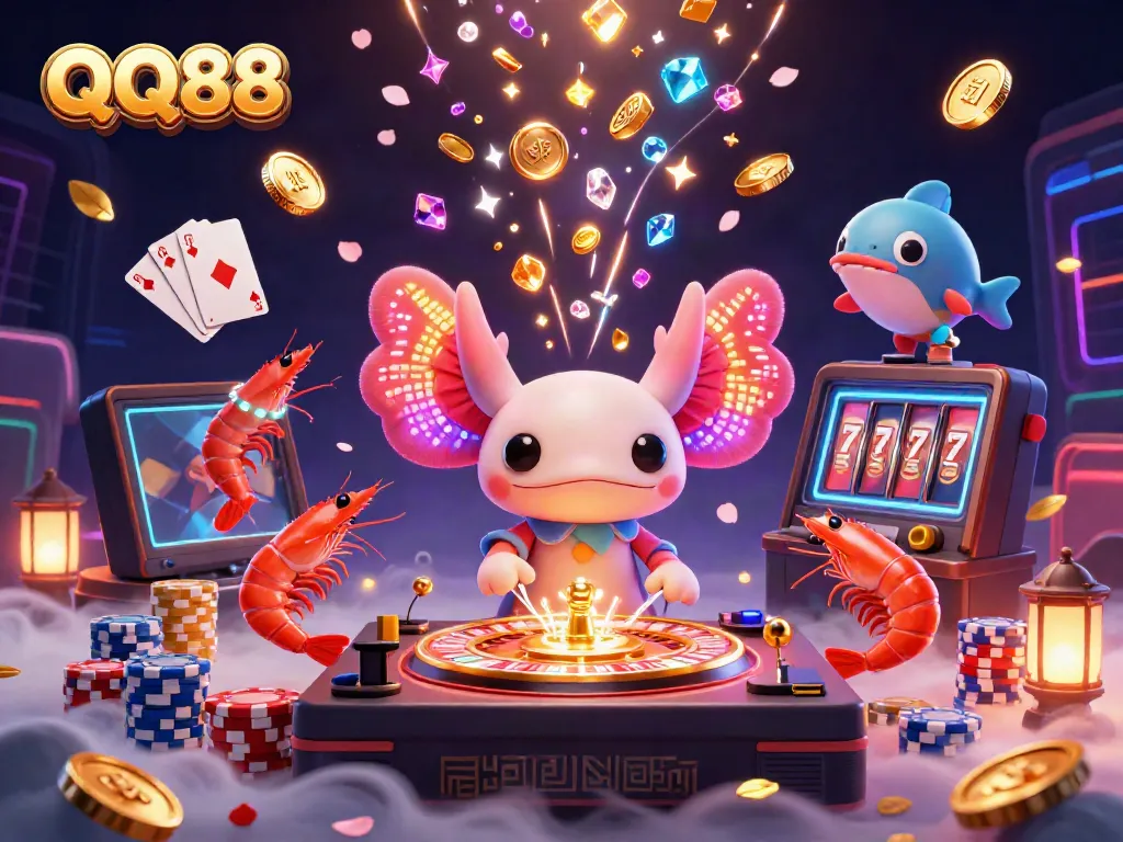 Experience the vibrant underwater casino world of QQ88 with neon characters and sparkling game elements.