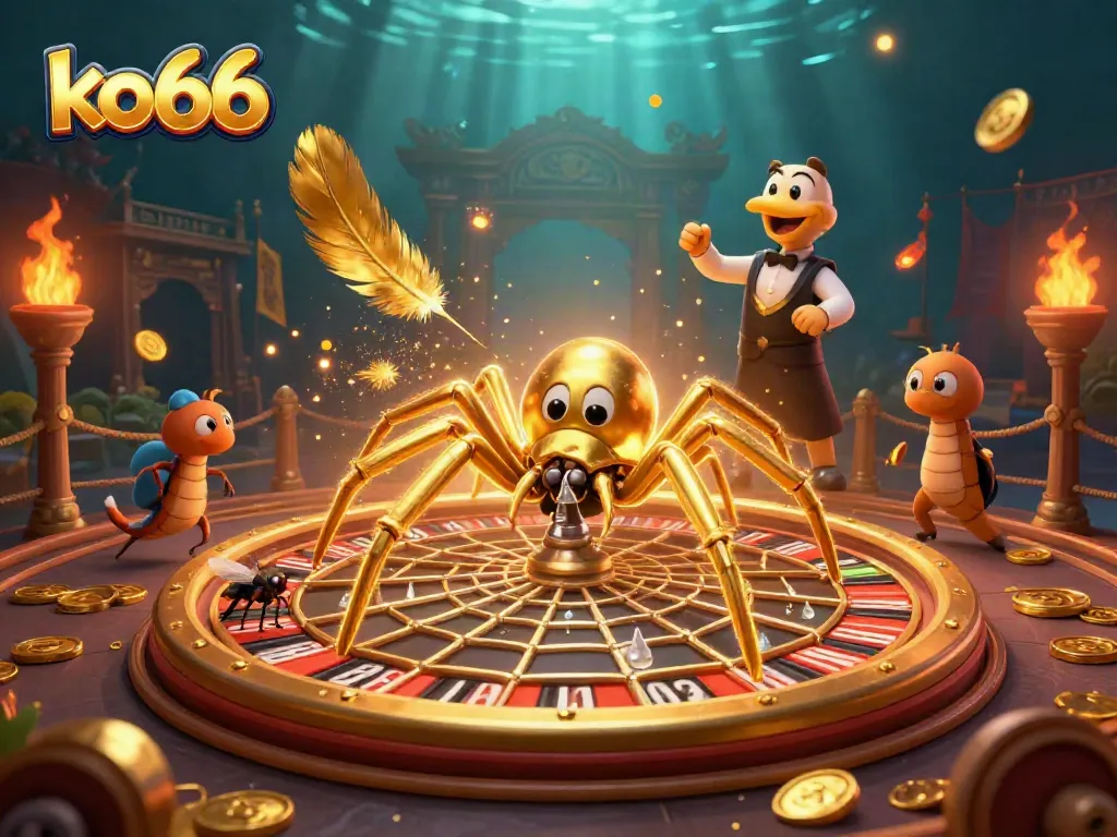 Experience thrilling bets at ko66 with a golden spider and centipede croupier amid casino excitement.