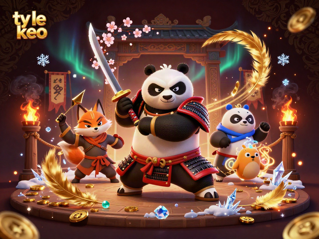Engage in sports betting with ty le keo as a fierce 3D panda samurai battles alongside a ninja fox.