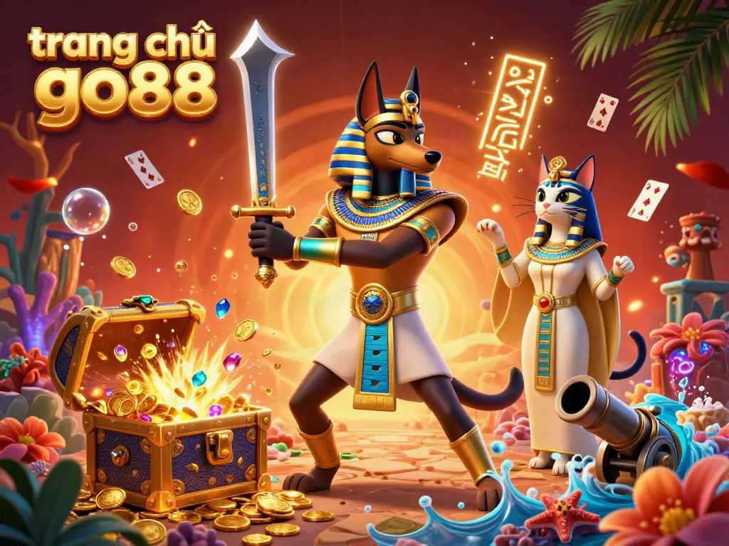 Experience the excitement at trang chủ go88 with the energetic Anubis and Bastet in a vibrant 3D casino scene.