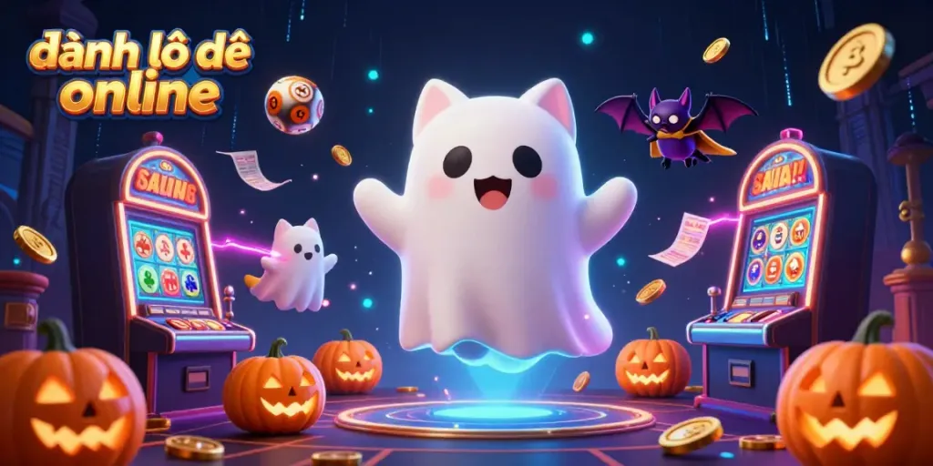 Experience the thrilling world of đánh lô đề online with a ghost cat and bat in a haunted casino setup.