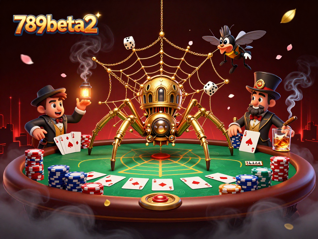 Catch luck playing at 789beta2 with a dynamic 3D illustration of a steampunk spider trapping dice amidst casino elements.