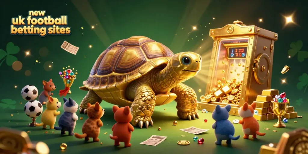 Experience the excitement of new UK football betting sites with golden tortoises and vibrant sports elements.