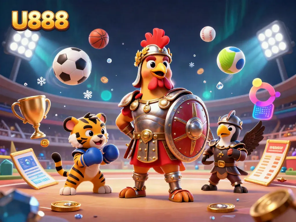 Engage with U888 as the rooster gladiator prepares for action in a vibrant 3D betting arena.