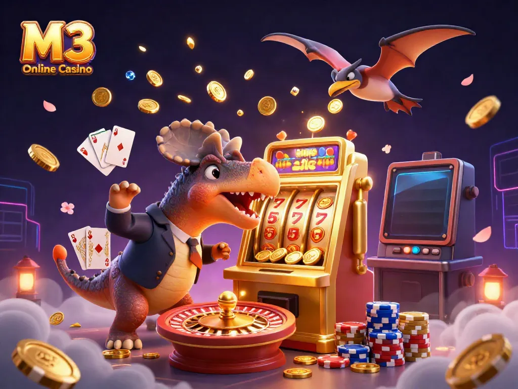 A dynamic scene showcasing M3 Online Casino with a pachycephalosaurus and club-waving ankylosaur, capturing cascading coins and live dealer action.