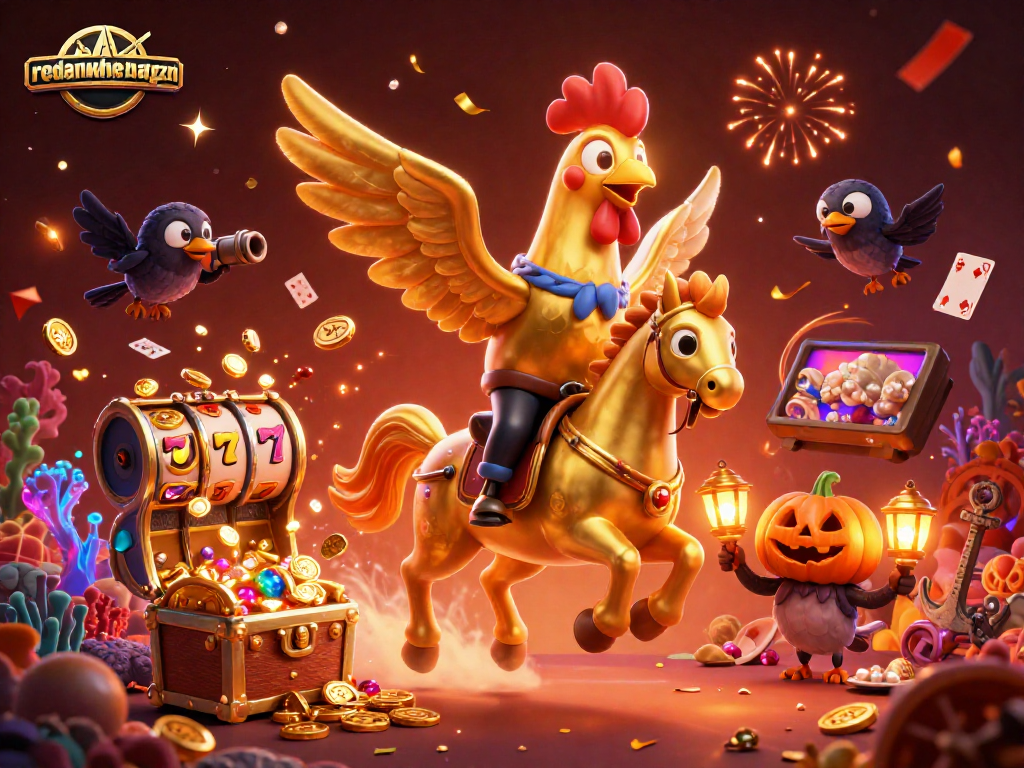 Engage with the excitement of redandwhitemagzn in a vibrant casino scene featuring a golden rooster.