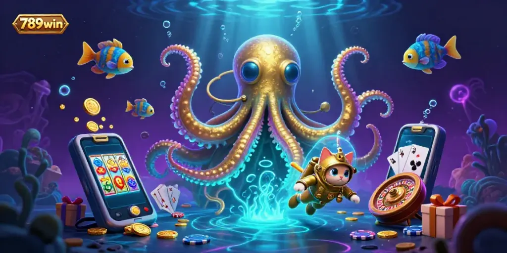 Engage with the thrilling atmosphere of 789win featuring a colossal kraken, a diving cat, and immersive casino elements in a colorful scene.