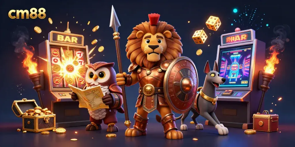 Experience cm88’s vibrant online gaming world with a heroic Spartan lion and a swift greyhound, amidst exciting slot machines.